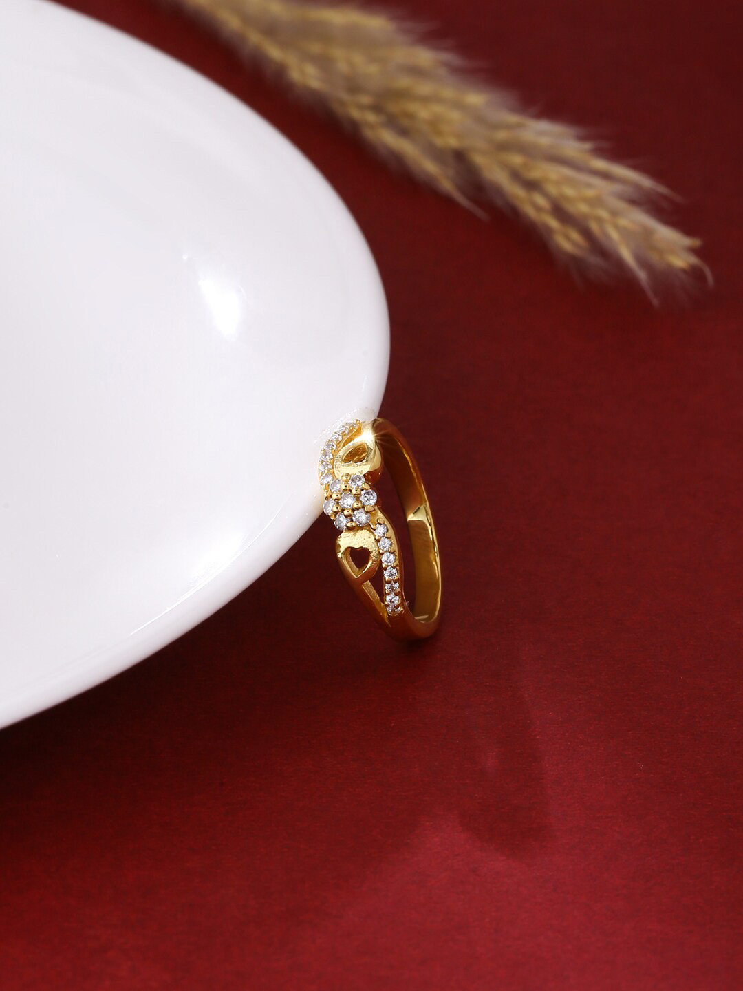 

Silgo Gold-Plated & Gold -Toned White Cubic Zirconia-Studded Finger Ring