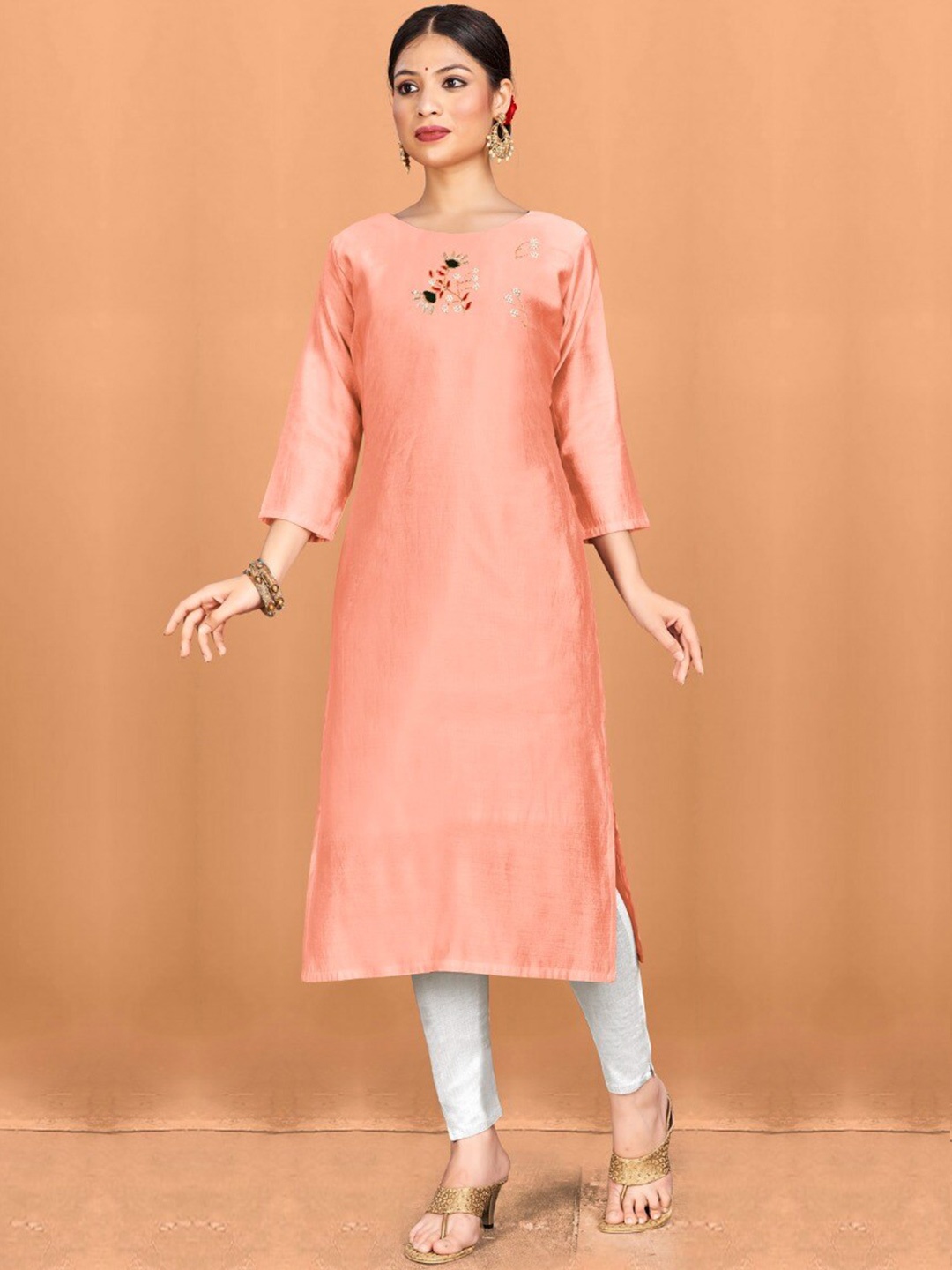 

Abhilasha Floral Yoke Design Floral Chanderi Silk Kurta, Peach