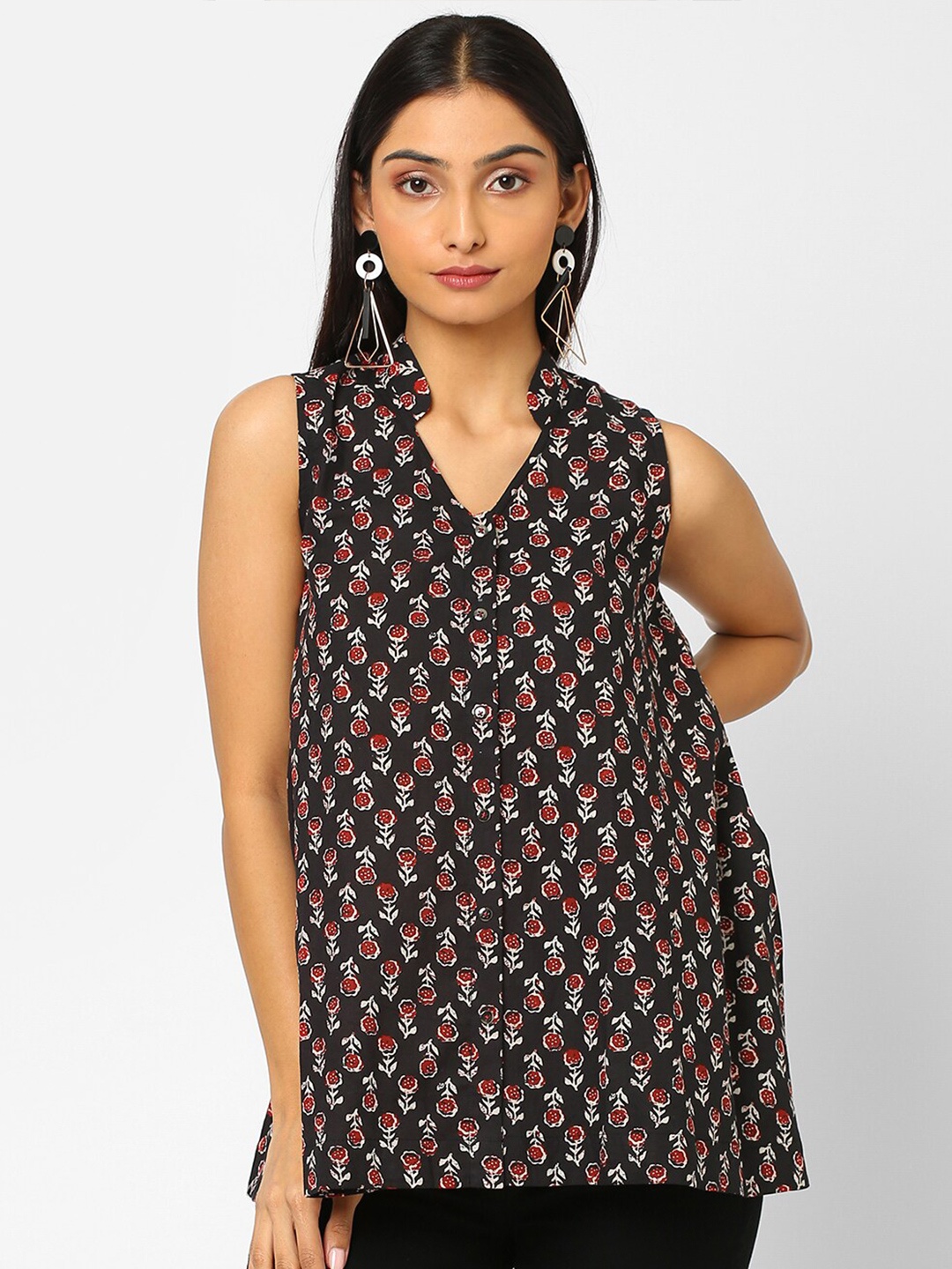 

KAMI KUBI Floral Printed Pure Cotton A-Line Top, Black