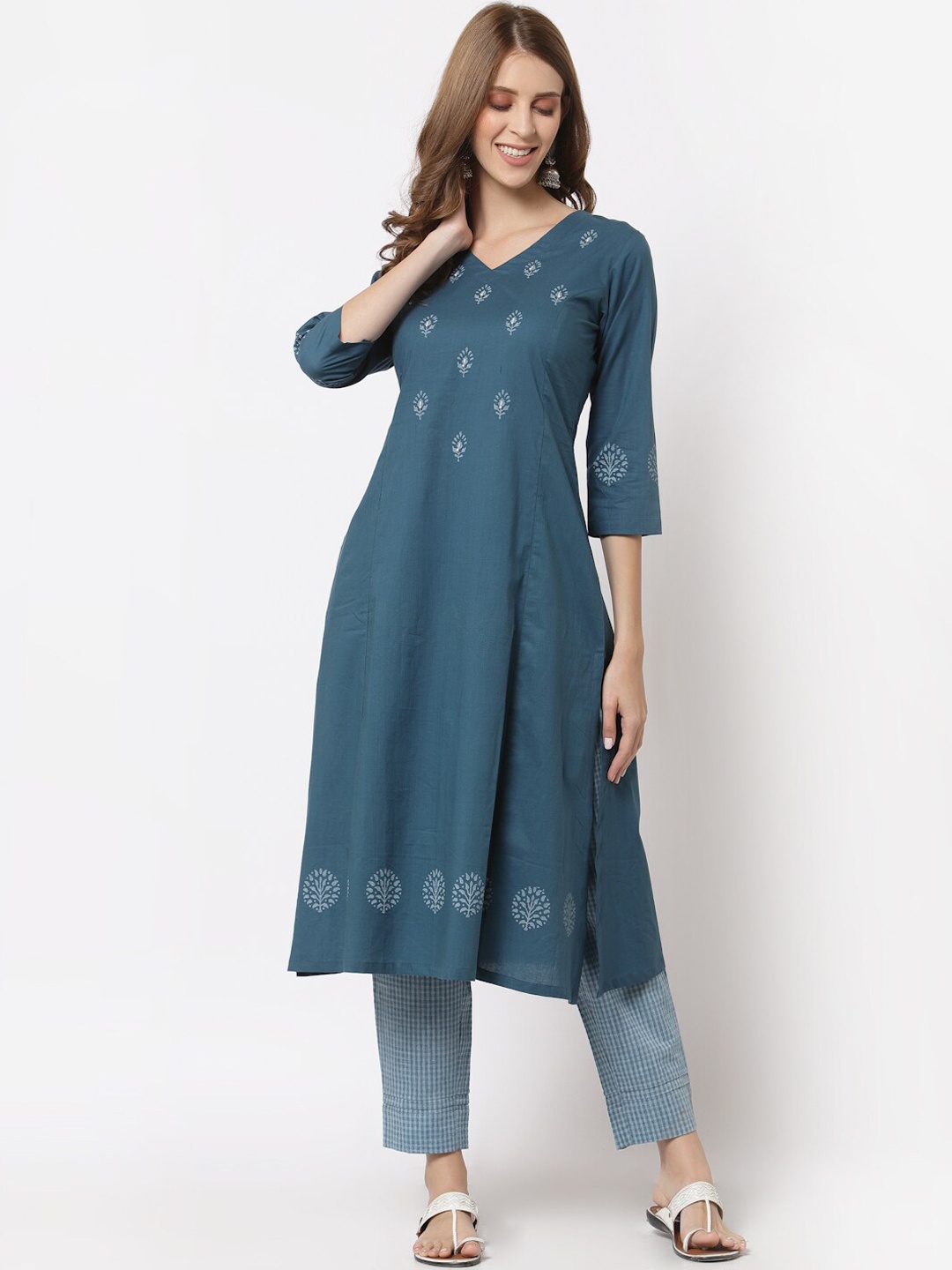 

KAMI KUBI Floral Printed Pure Cotton Kurta with Trousers, Blue