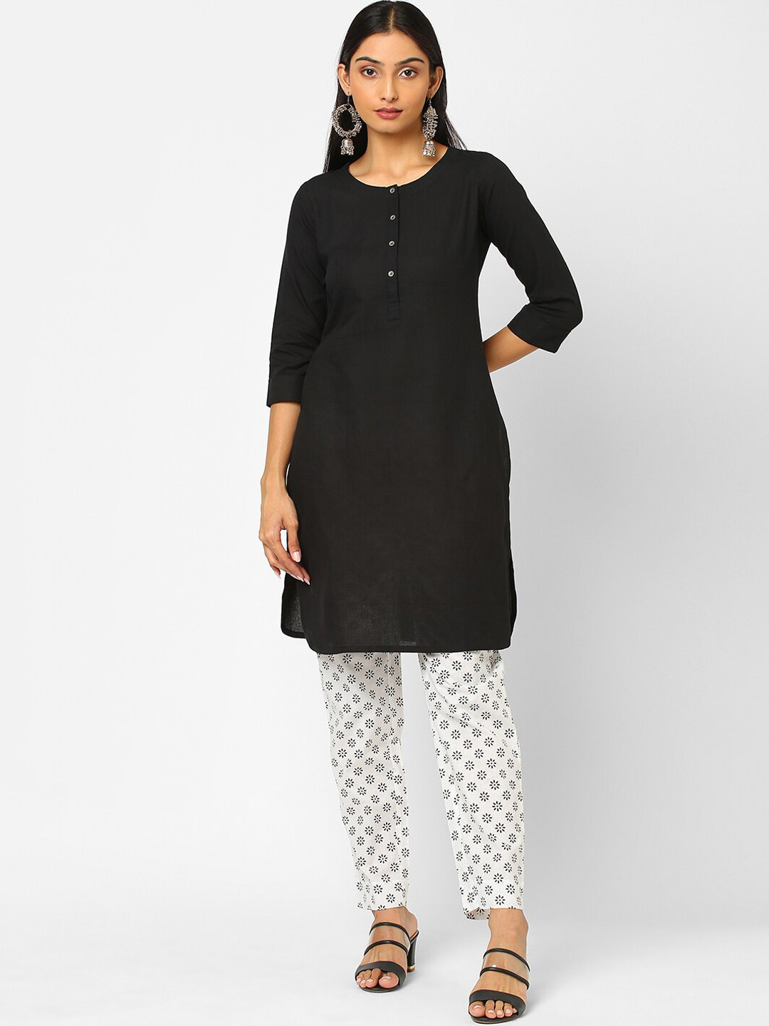

KAMI KUBI Pure Cotton Kurta with Floral Printed Trousers, Black