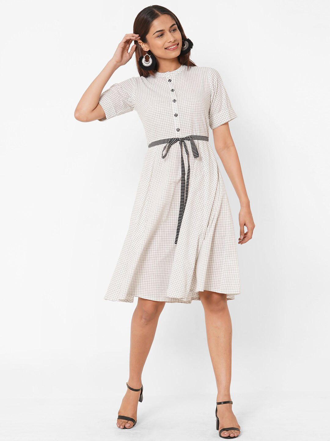 

KAMI KUBI Checked A-Line Pure Cotton Dress, White