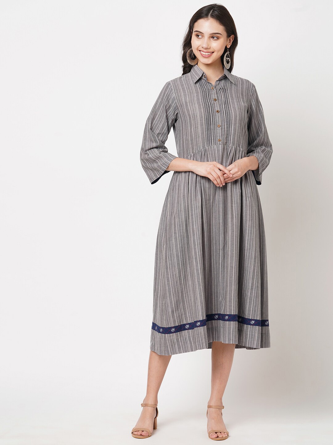 

KAMI KUBI Striped A-Line Midi Pure Cotton Dress, Grey
