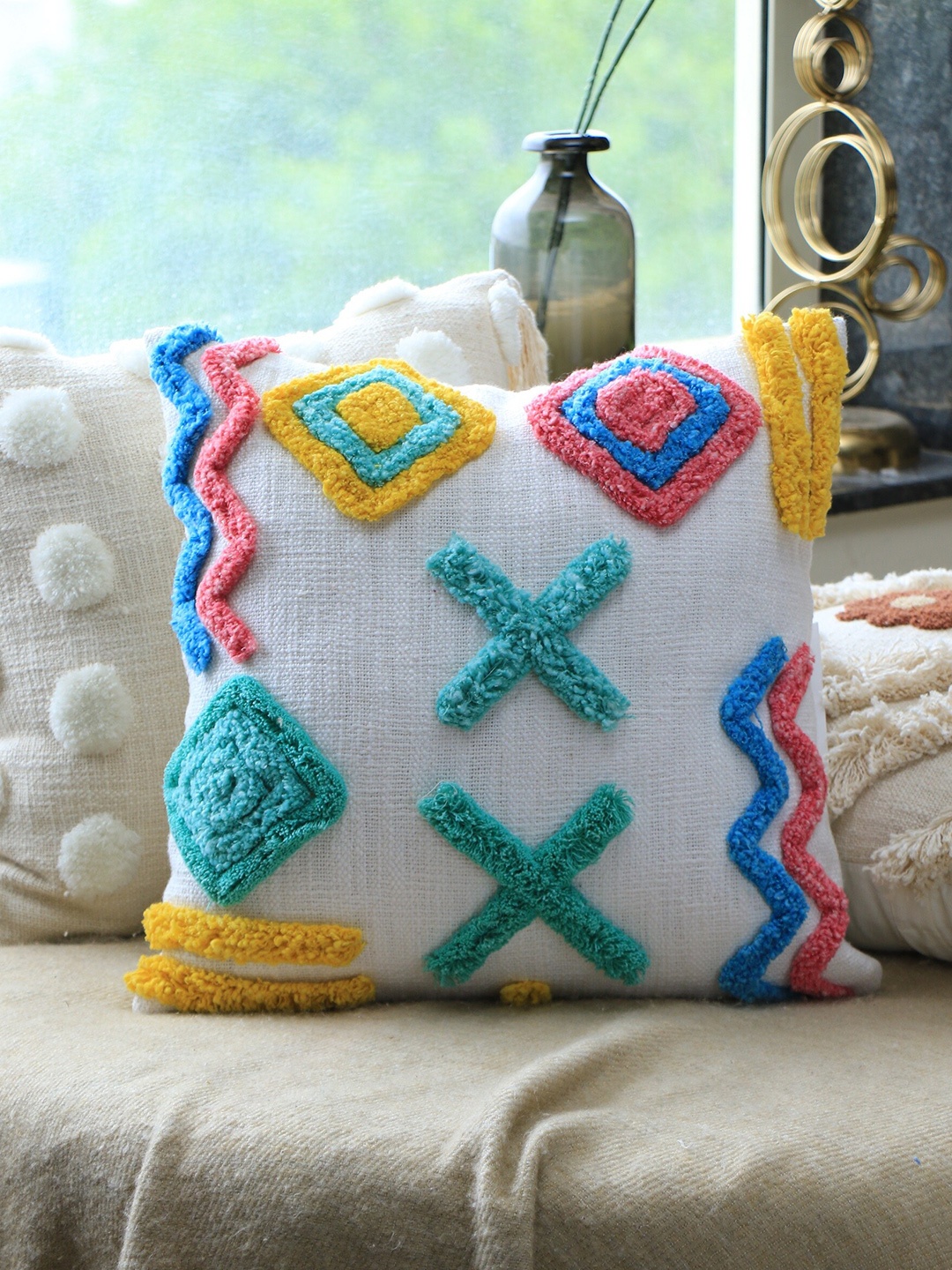 

HERE&NOW White & Blue Embroidered Cotton Square Cushion Covers