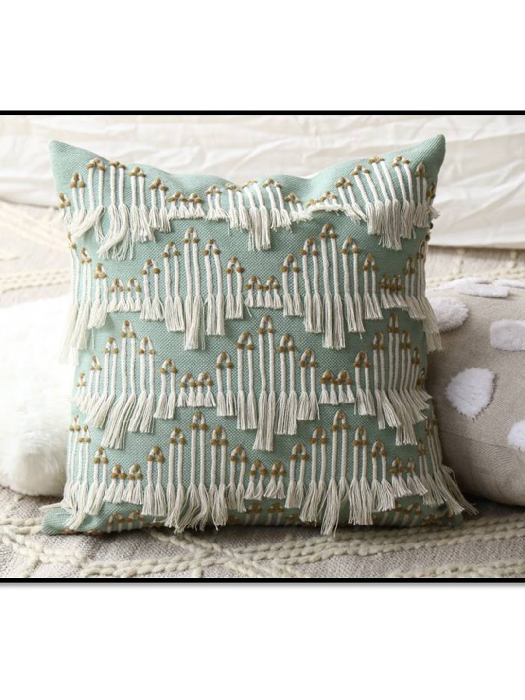 

HERE&NOW Green & Beige Embroidered Cotton Square Cushion Covers