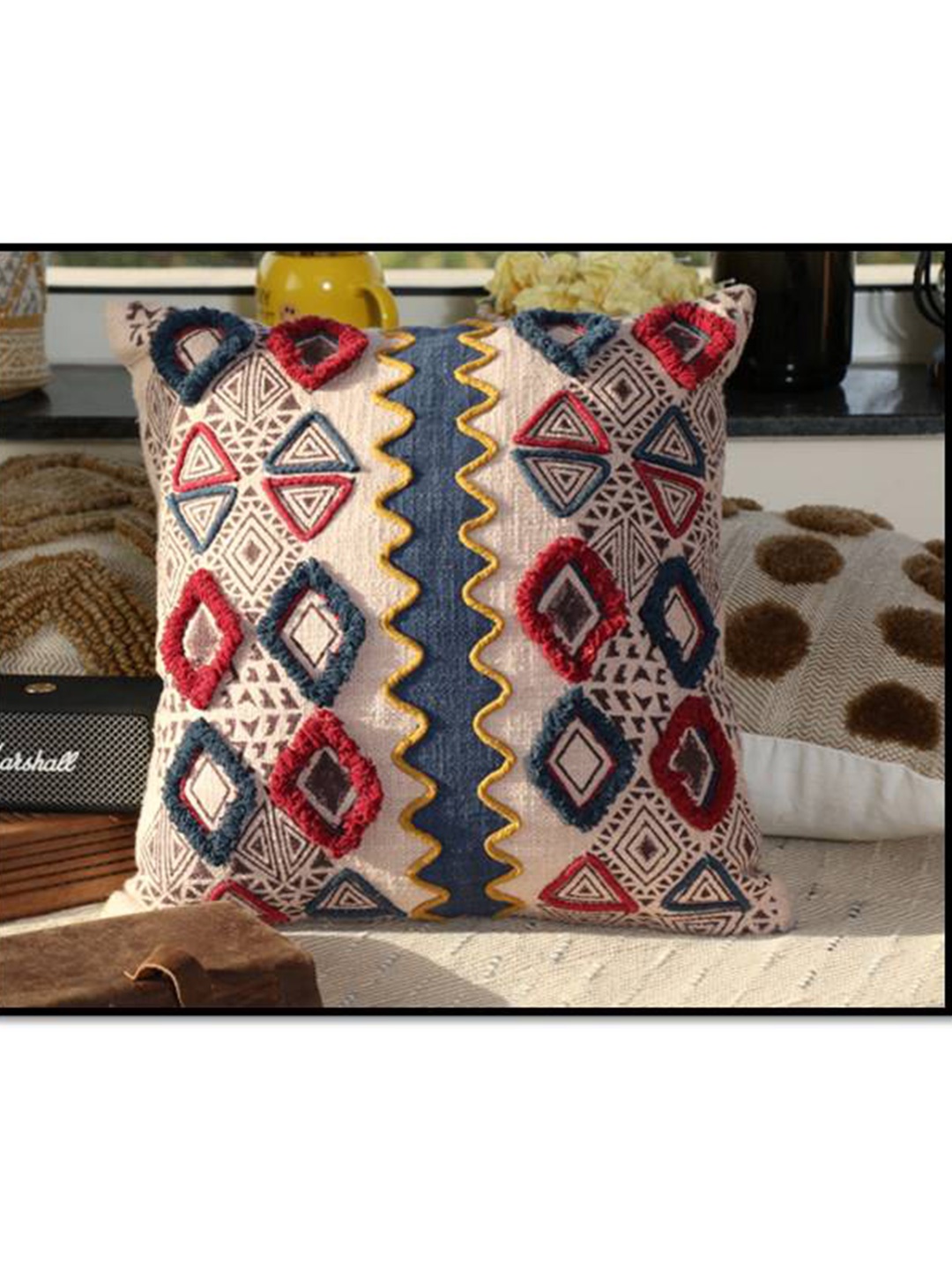 

HERE&NOW Beige & Red Embroidered Cotton Square Cushion Covers