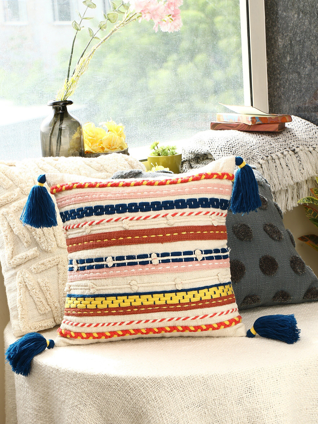 

HERE&NOW Beige & Red Embroidered Cotton Square Cushion Covers