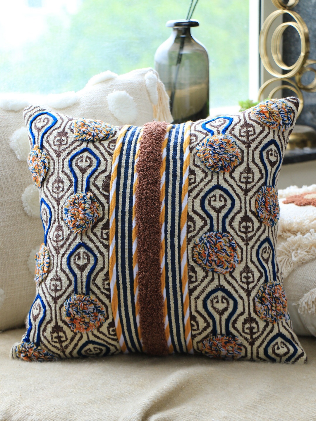 

HERE&NOW Off White & Blue Embroidered Cotton Square Cushion Covers