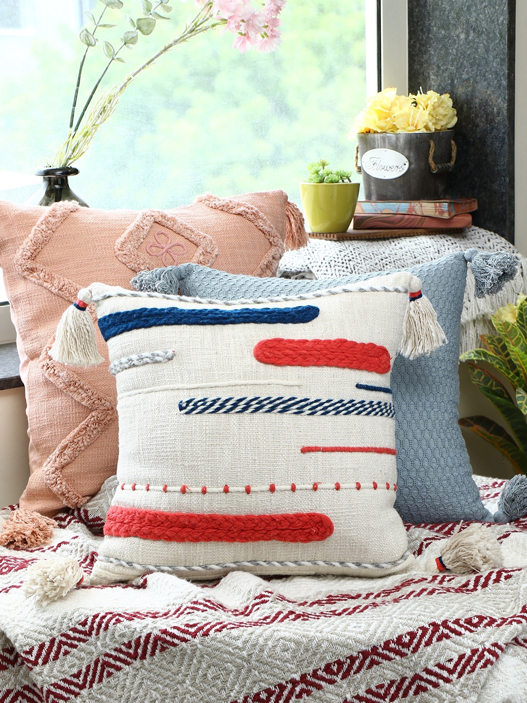 

HERE&NOW White & Blue Striped Cotton Square Cushion Covers