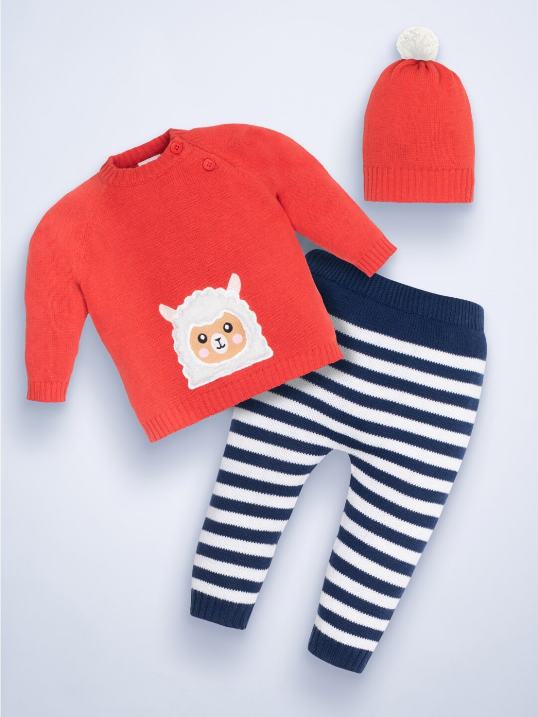 

Mylo Unisex Baby Sweater & Stripe Pant Set with Cap, Red