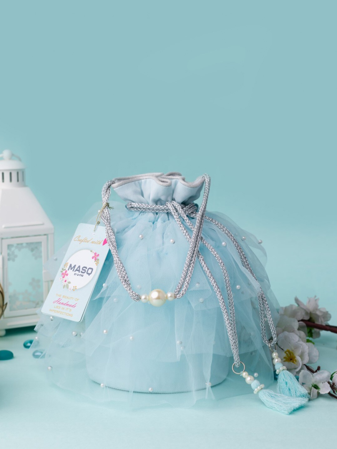 

MASQ Turquoise Blue & White Embellished Potli Clutch