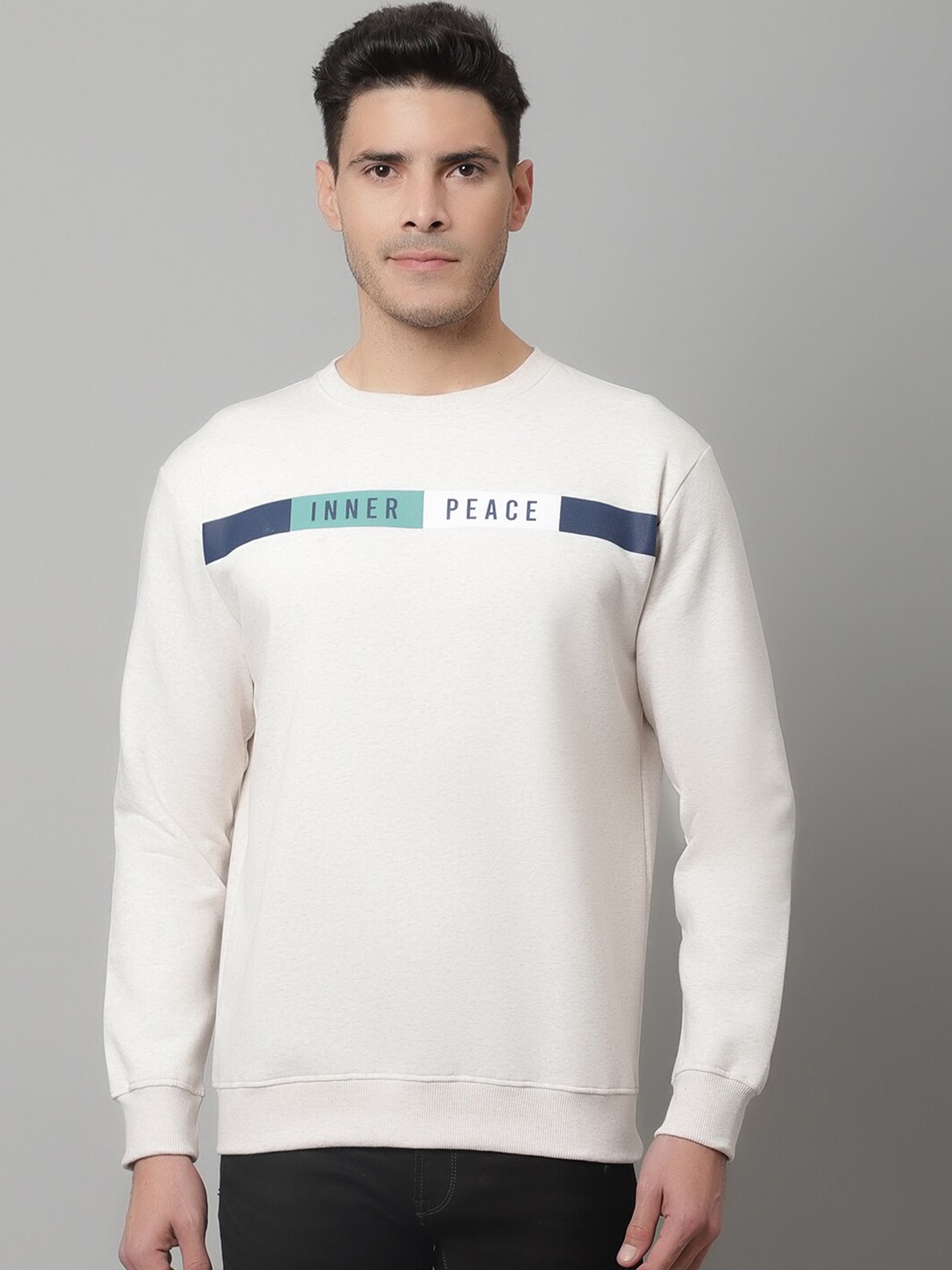 

Cantabil Men Off White Printed Fleece Sweatshirt