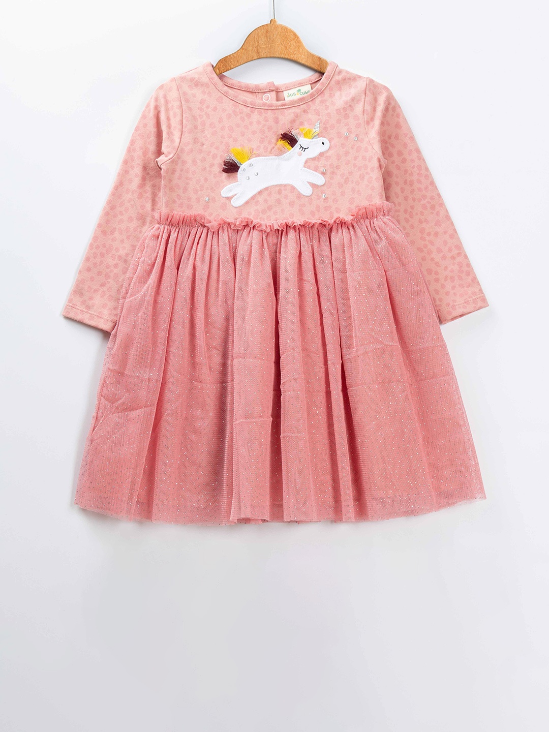 

JusCubs Girls Peach-Coloured Embellished Applique A-Line Dress