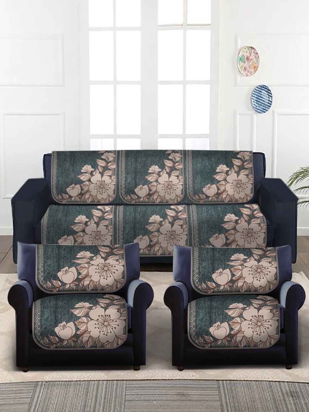 

Slushy Mushy Green & Beige Set Of 10 Woven Design 5-Seater Sofa Chennile Covers
