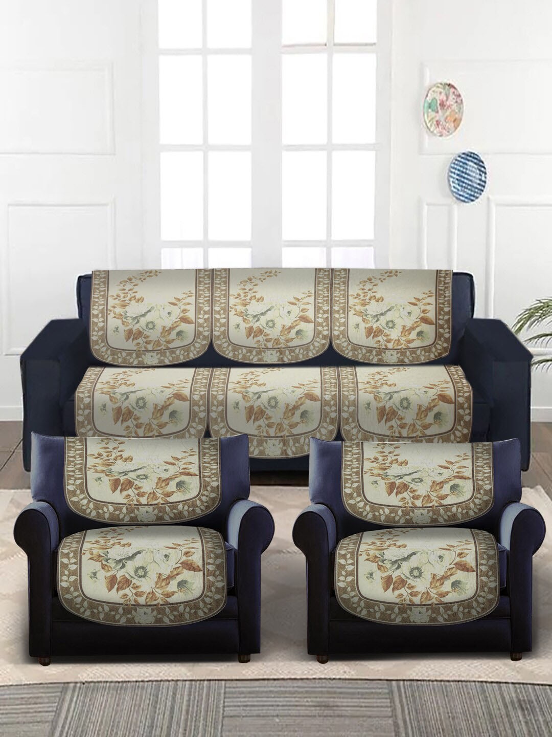 

Slushy Mushy Cream-Color & Brown Woven Design 5-Seater Chennile Sofa Covers