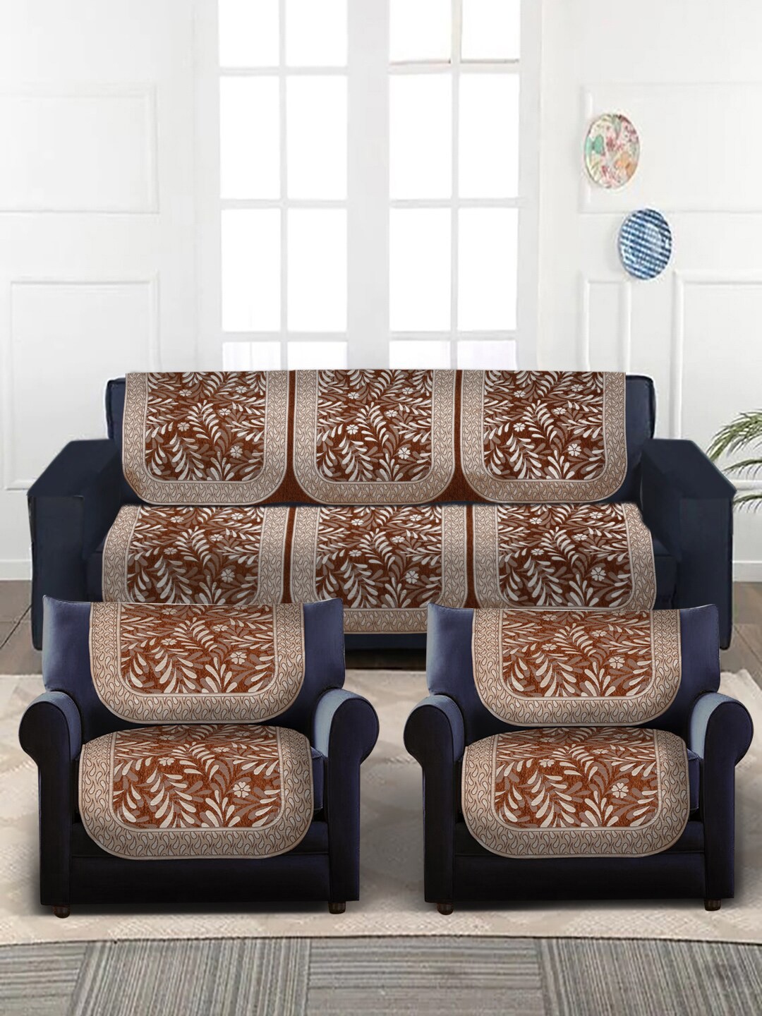 

Slushy Mushy Set Of 10 Brown & Beige Printed Chennile Sofa Covers