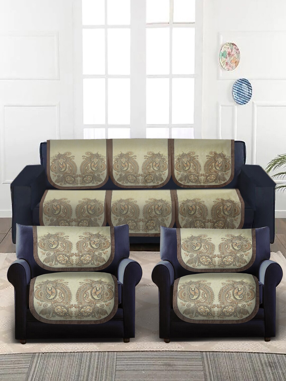 

Slushy Mushy Yellow & Brown Set Of 10 Digital Printed 5-Seater Sofa Chennile Cover