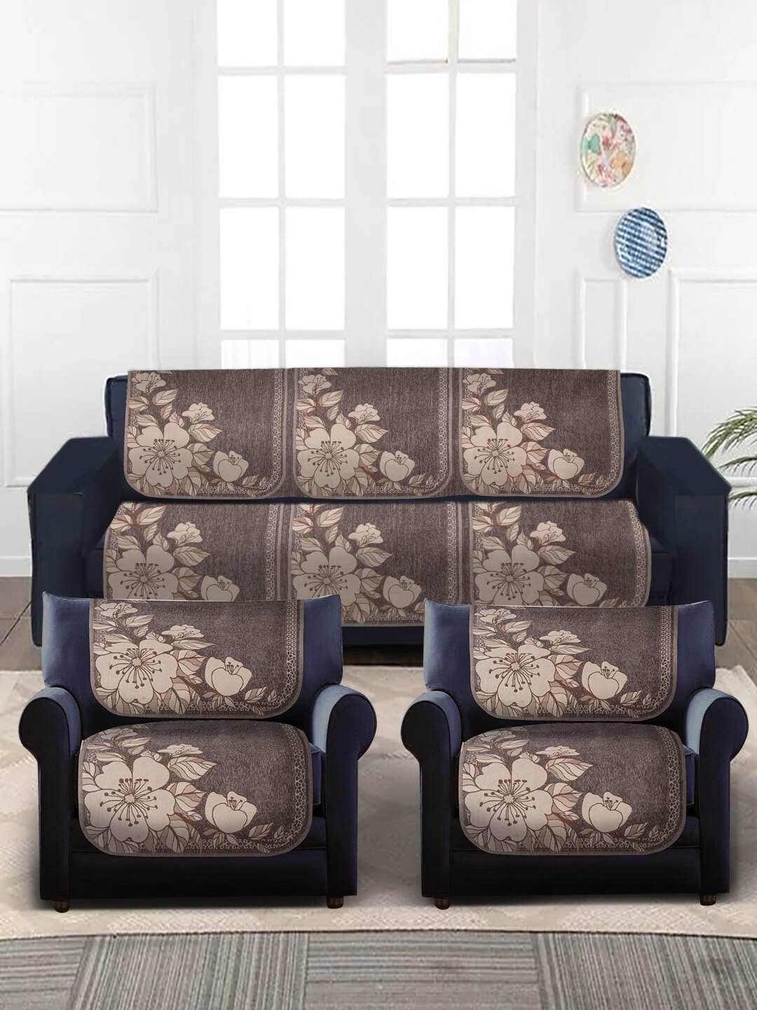 

Slushy Mushy Set Of 10 Grey & Beige Printed 5 Seater Sofa Covers