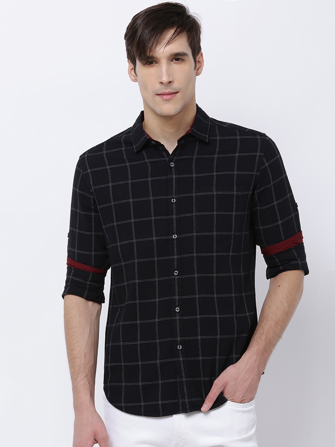 

LOCOMOTIVE Men Black & White Slim Fit Checked Casual Shirt