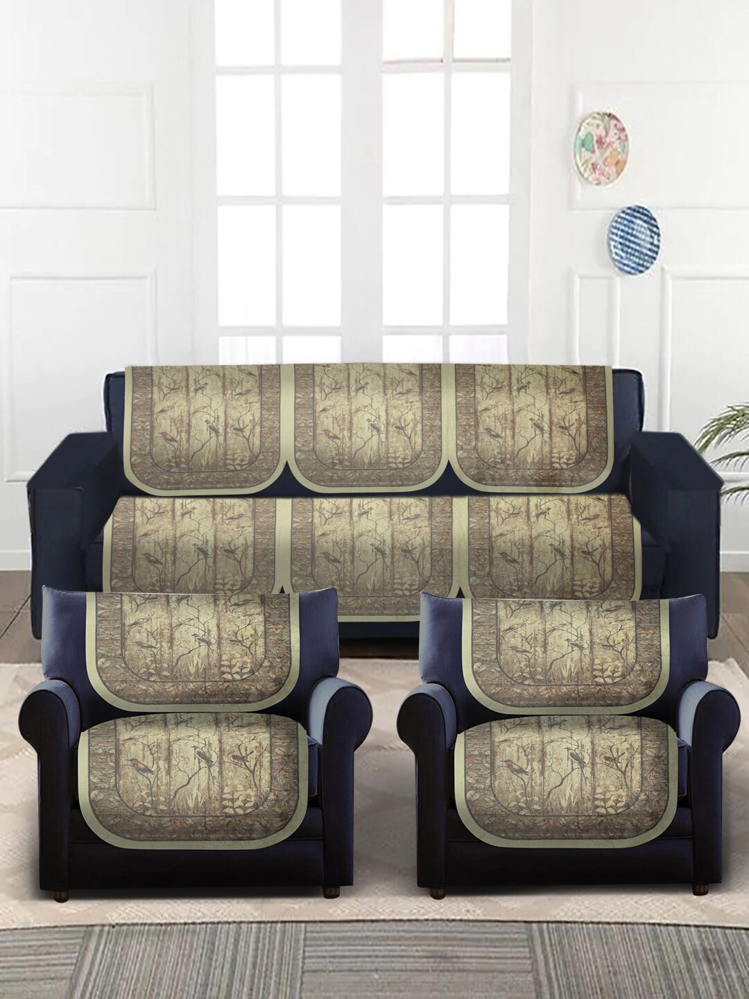 

Slushy Mushy Cream-Color & Grey Set of 10 Printed 5 Seater Sofa Covers