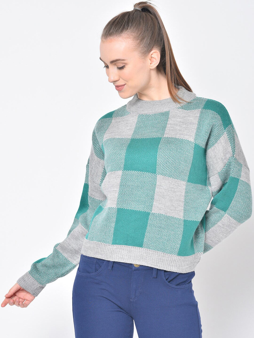 

CHKOKKO Women Green & Grey Checked Woollen Pullover