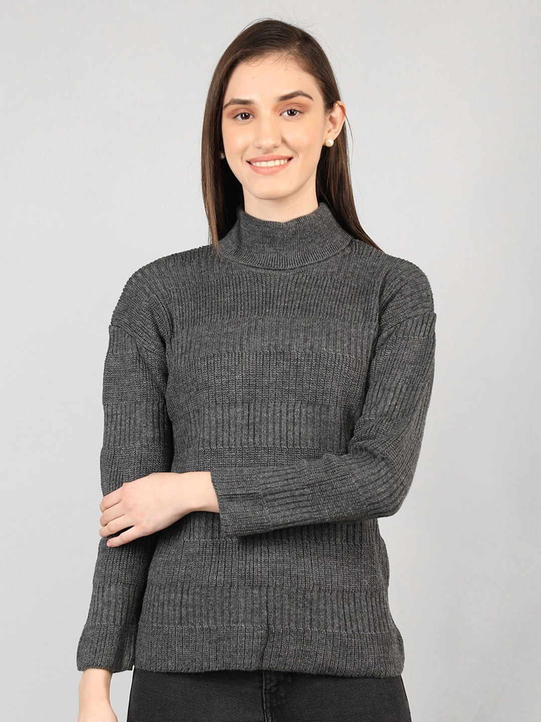 

CHKOKKO Turtle Neck Cable Knit Self Design Woollen Pullover, Grey