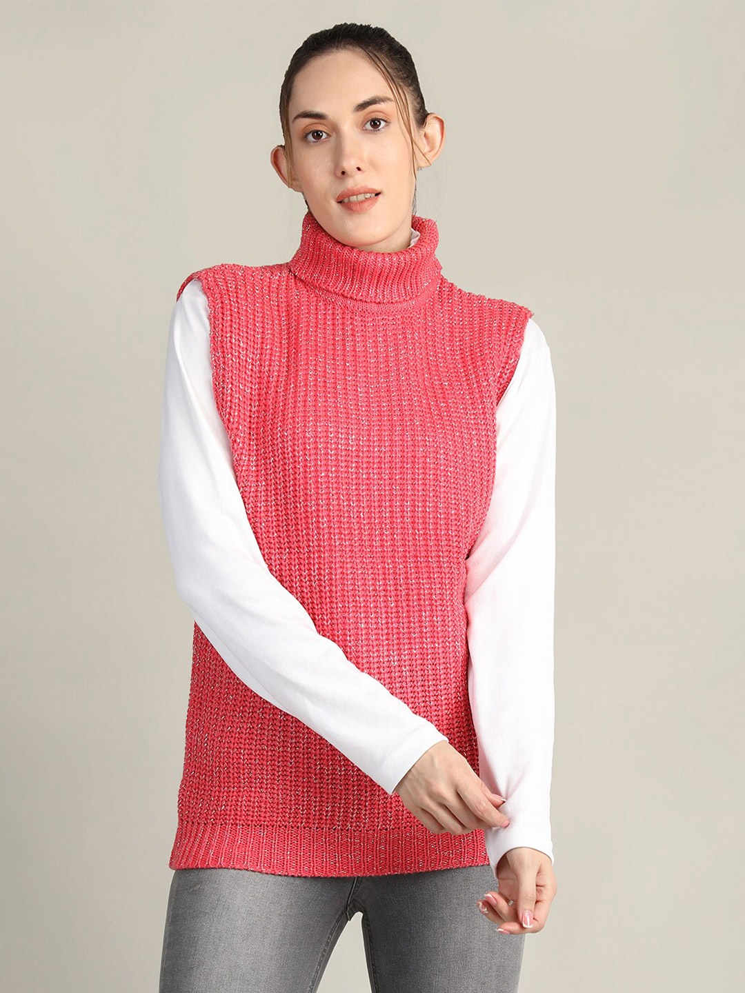 

CHKOKKO Turtle Neck Ribbed Woollen Sweater Vest, Pink