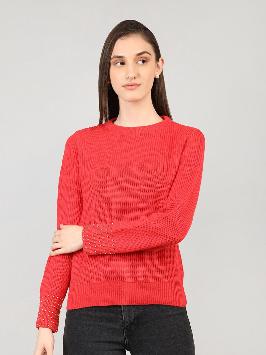 

CHKOKKO Women Coral Ribbed Woollen Pullover