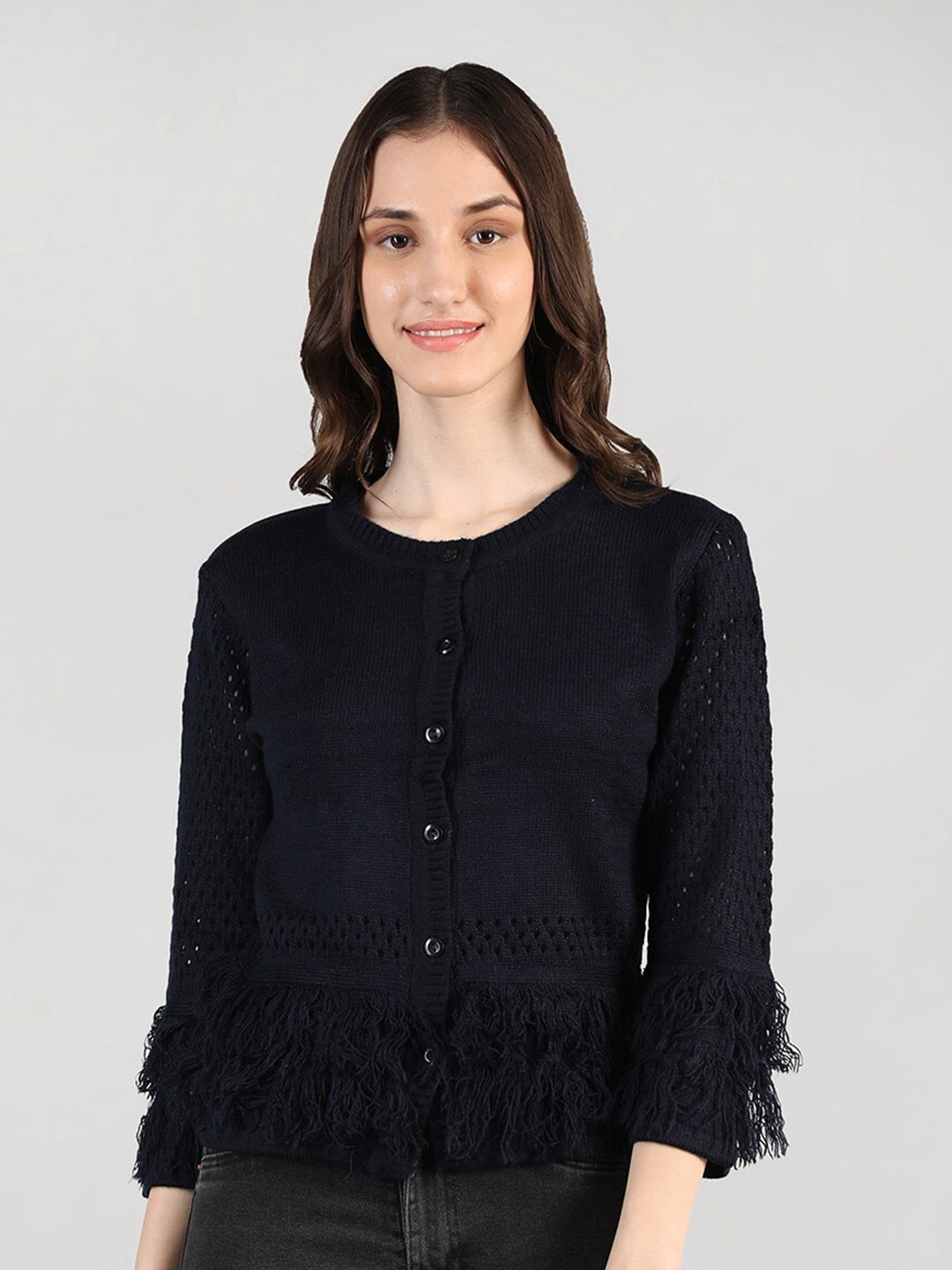 

CHKOKKO Women Crop Woolen Cardigan with Fringed Detail, Navy blue