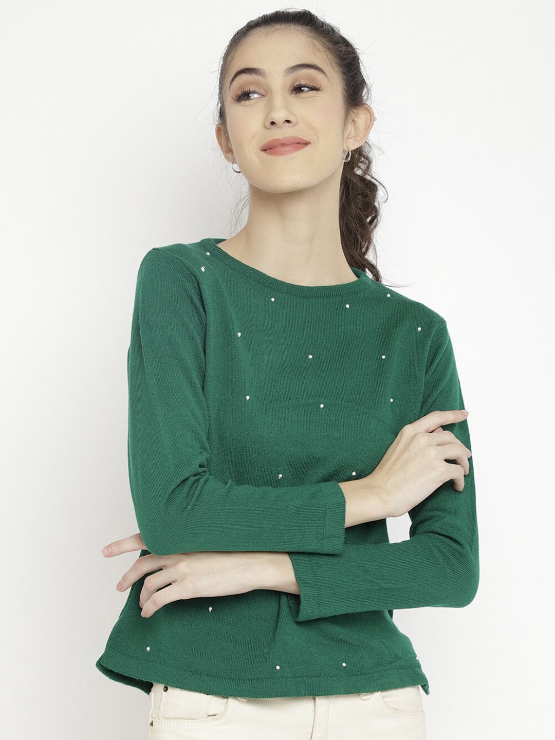 

CHKOKKO Women Green & White Embellished Woollen Pullover