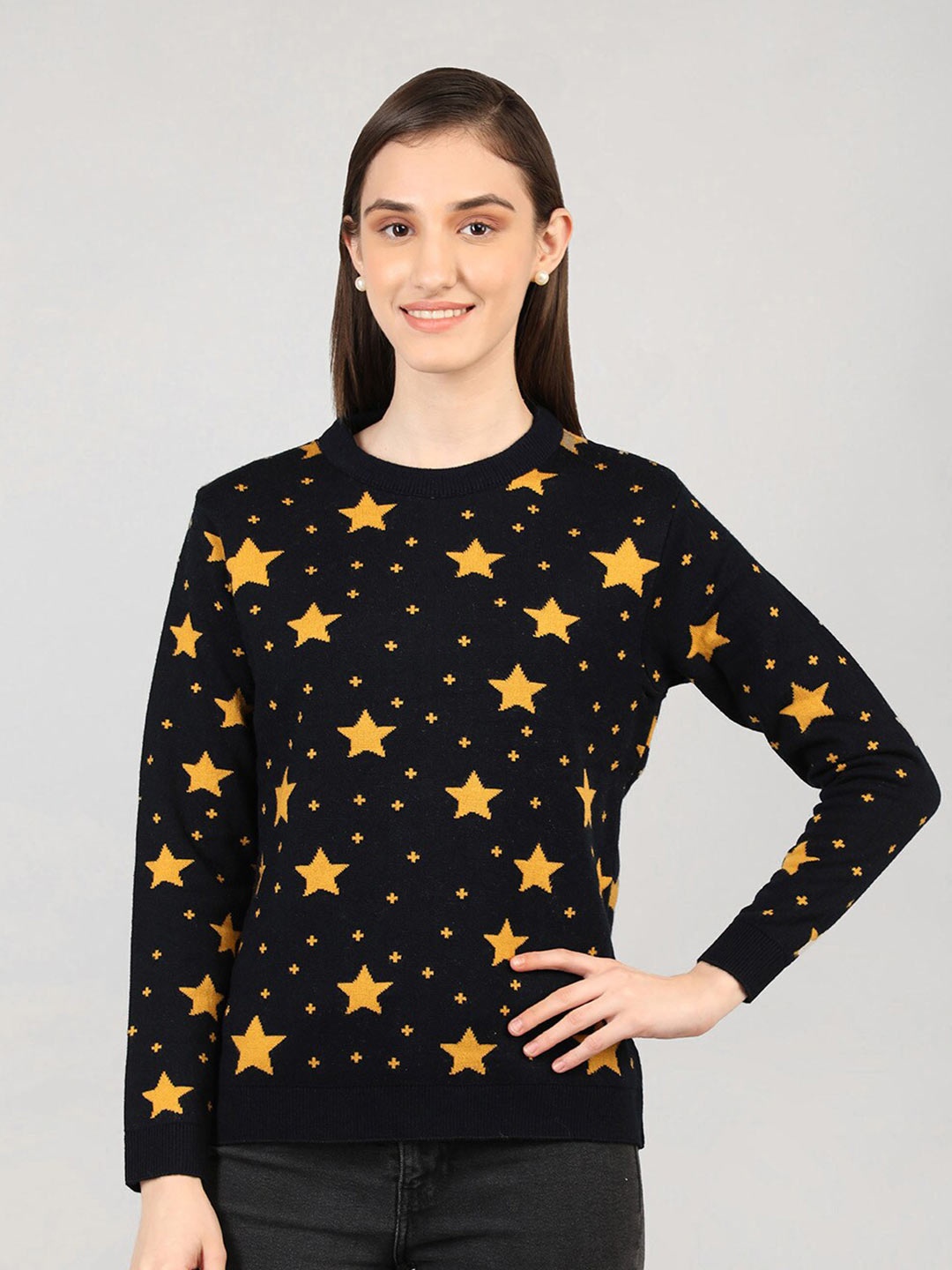 

CHKOKKO Round Neck Printed Woollen Pullover, Navy blue