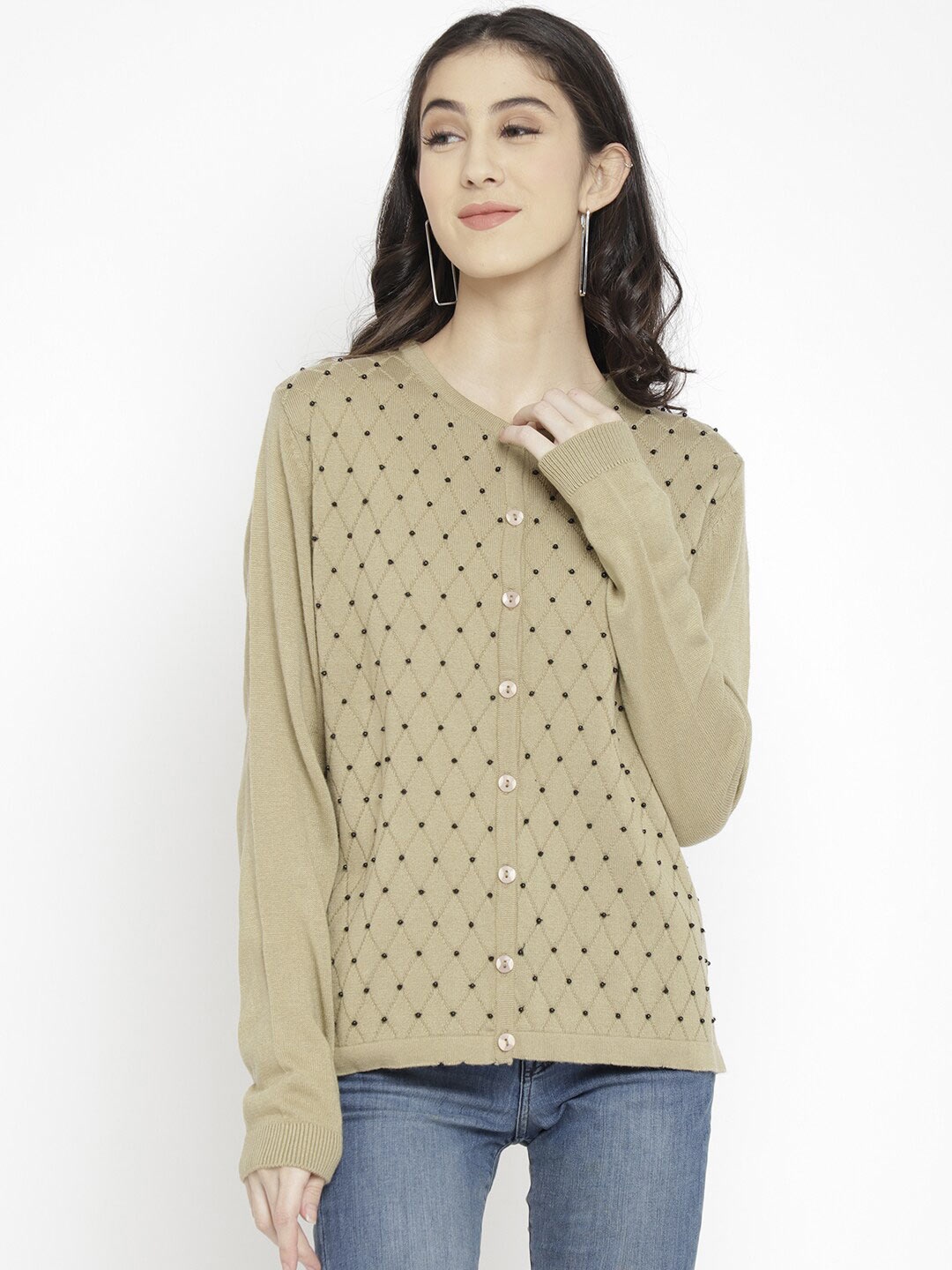 

CHKOKKO Women Beige Woollen Cardigan
