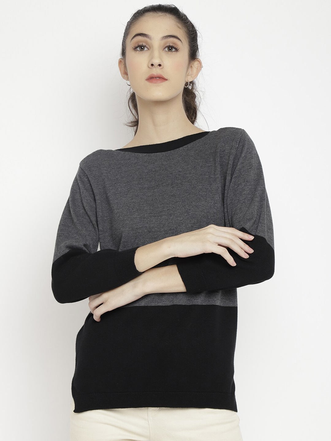 

CHKOKKO Round Neck Colourblocked Woollen Pullover, Grey