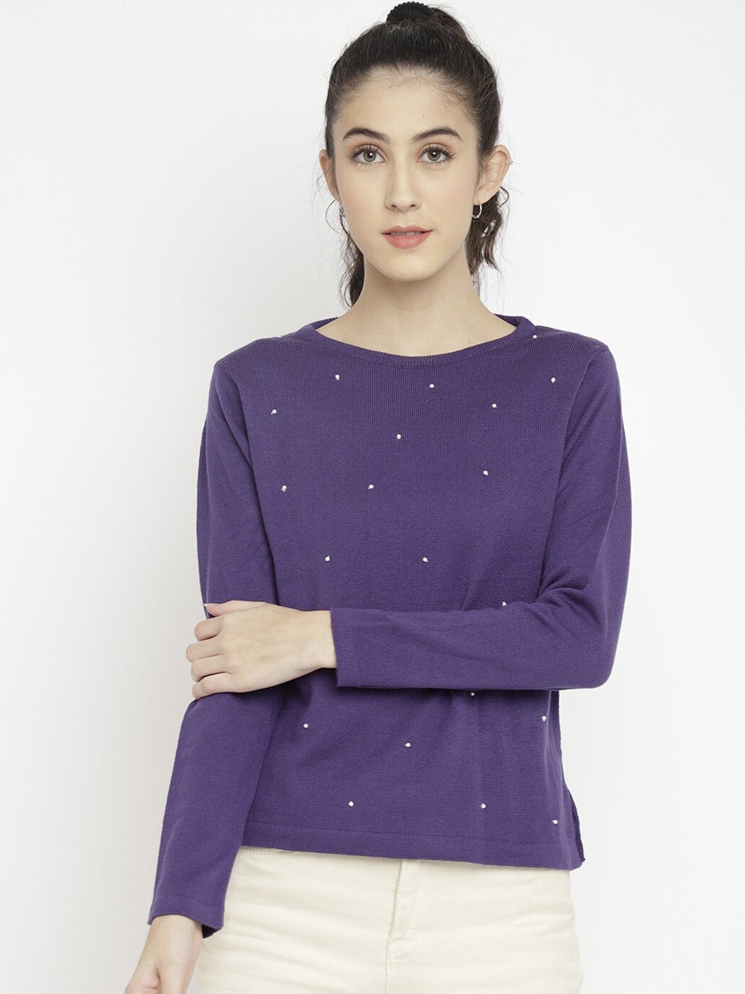 

CHKOKKO Women Purple Embellished Woollen Pullover