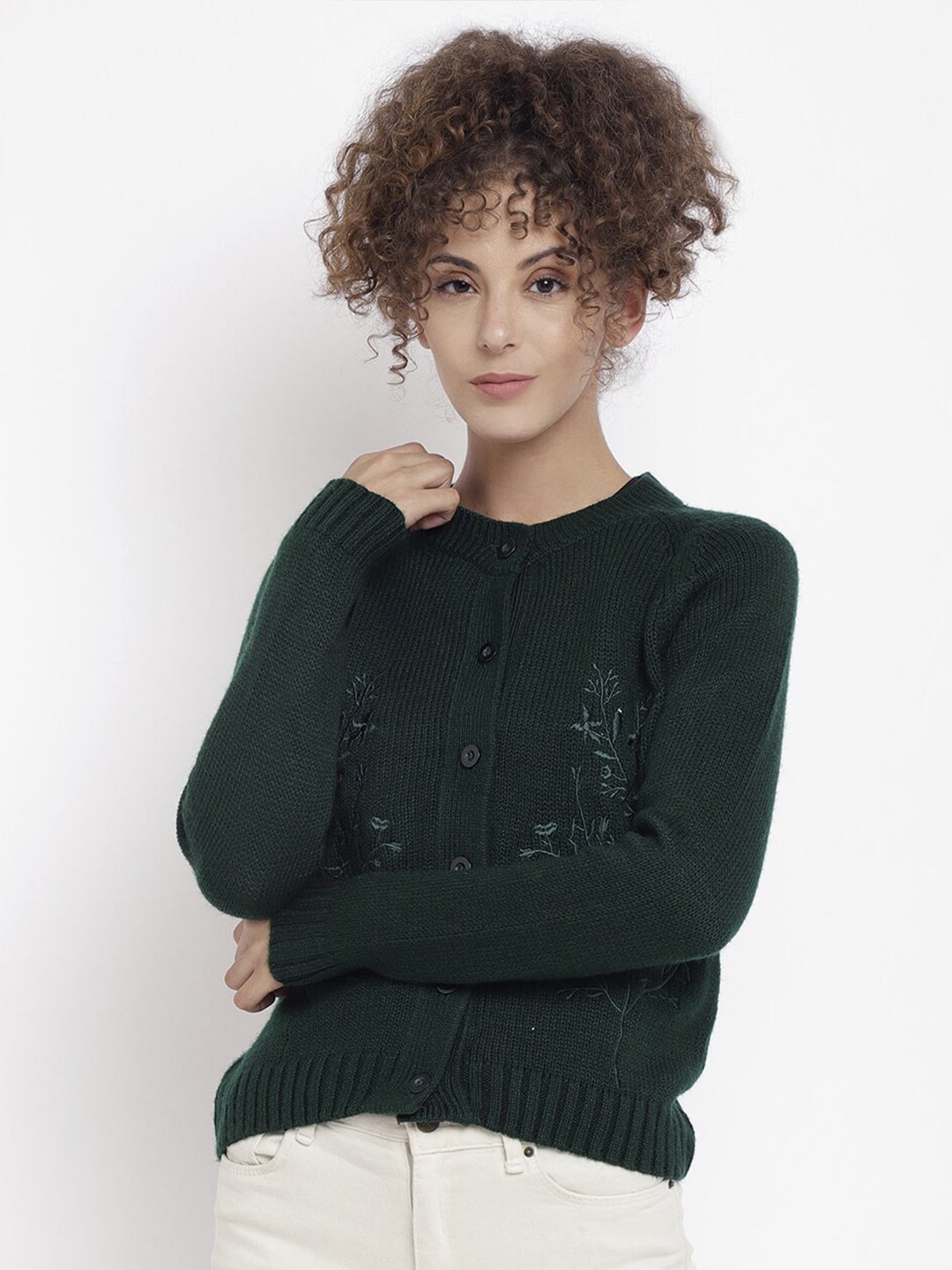 

CHKOKKO Women Green Cable Knit Cardigan