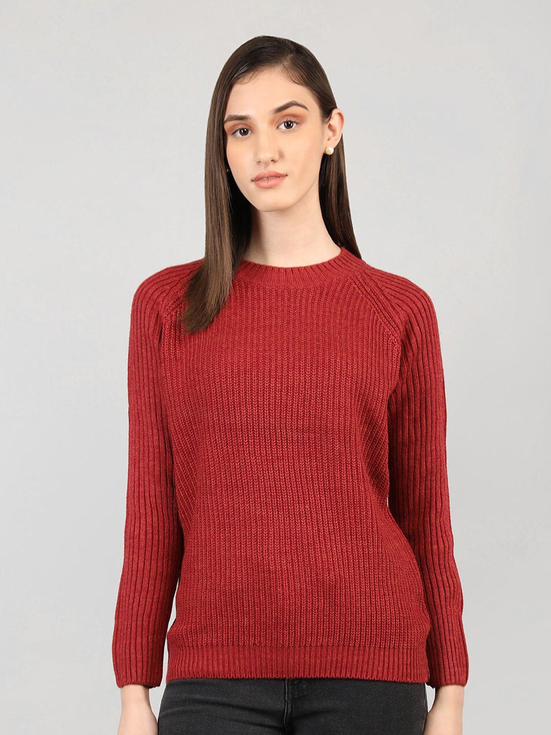 

CHKOKKO Women Red Cable Knit Woollen Pullover