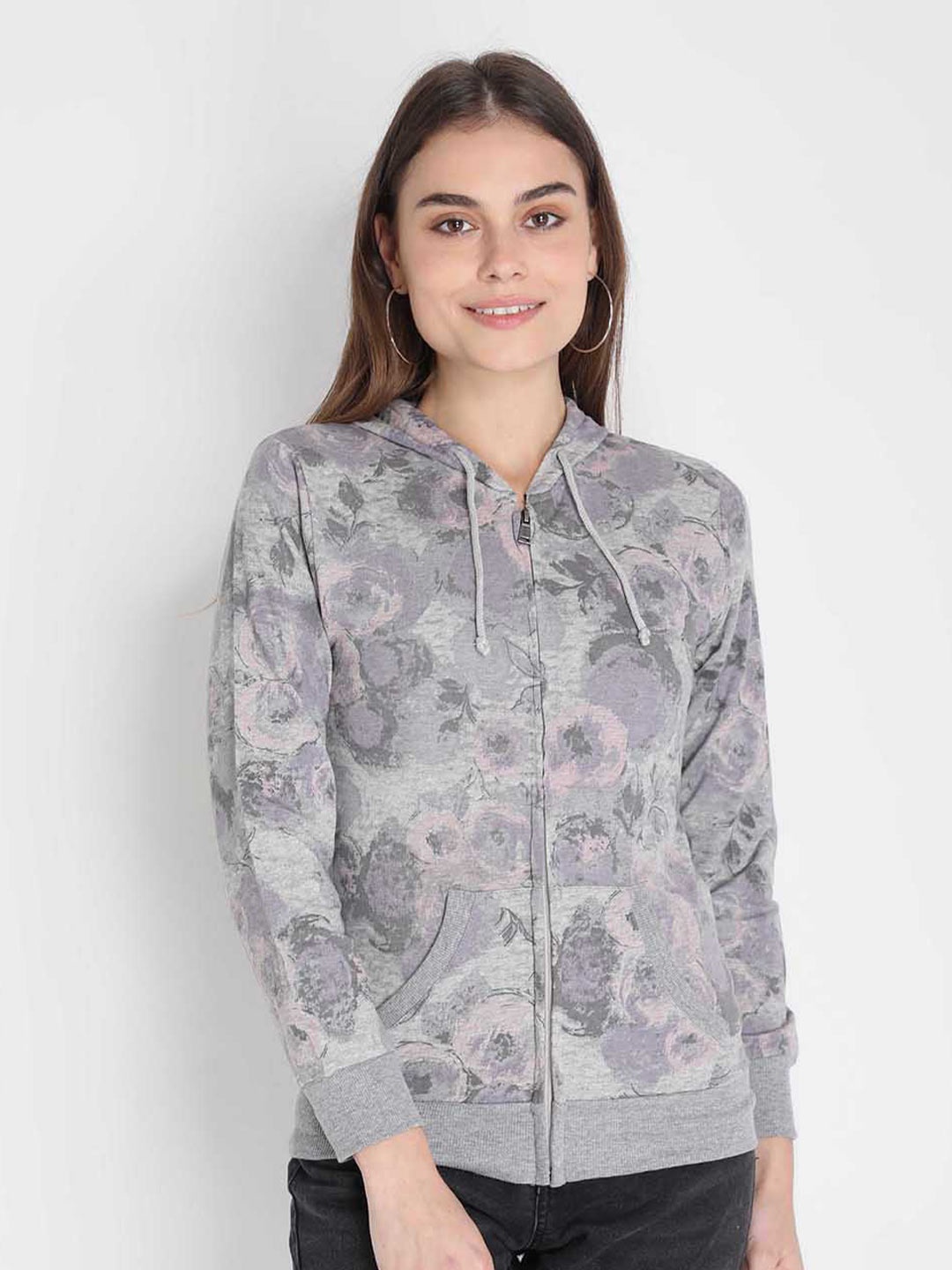 

CHKOKKO Women Grey Printed Acrylic Hooded Sweatshirt