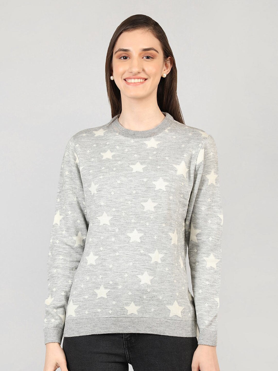 

CHKOKKO Round Neck Printed Woollen Pullover, Grey