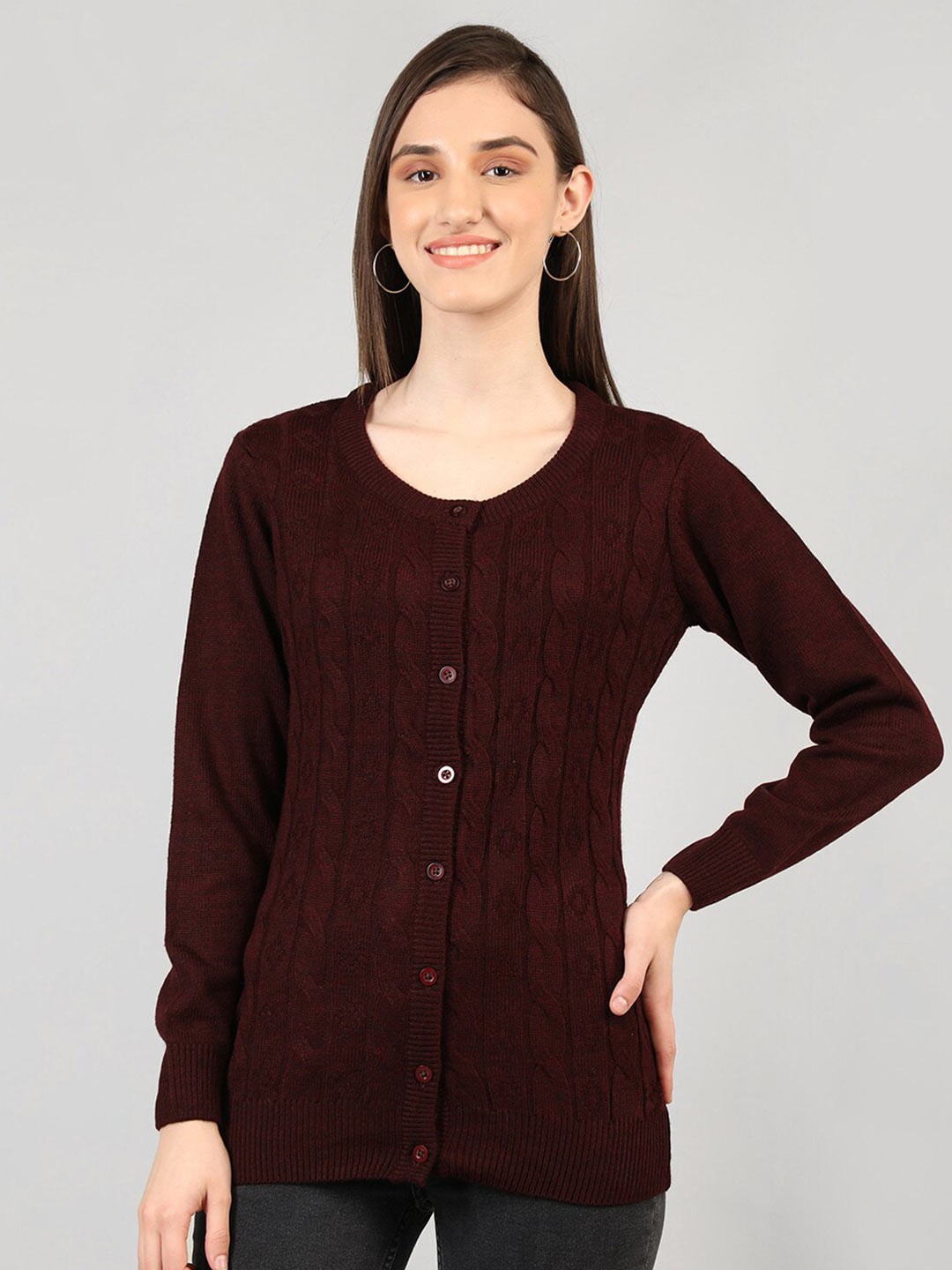 

CHKOKKO Women Maroon Cable Knit Woollen Cardigan