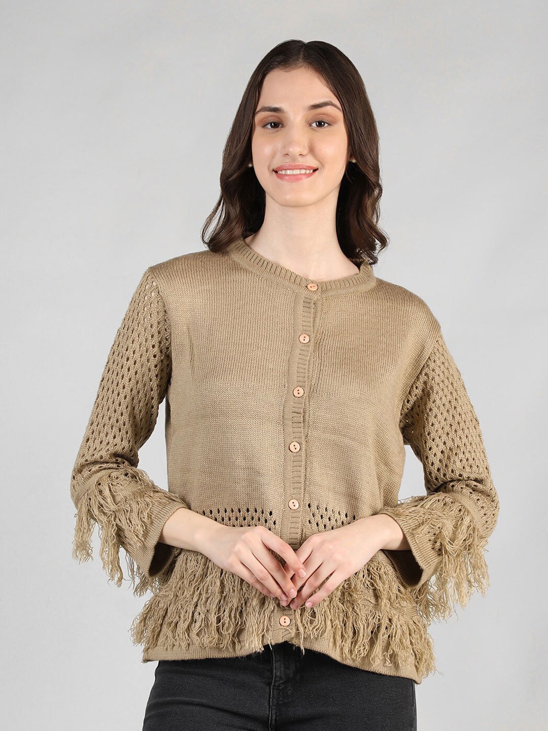 

CHKOKKO Women Brown Cable Knit Woollen Cardigan