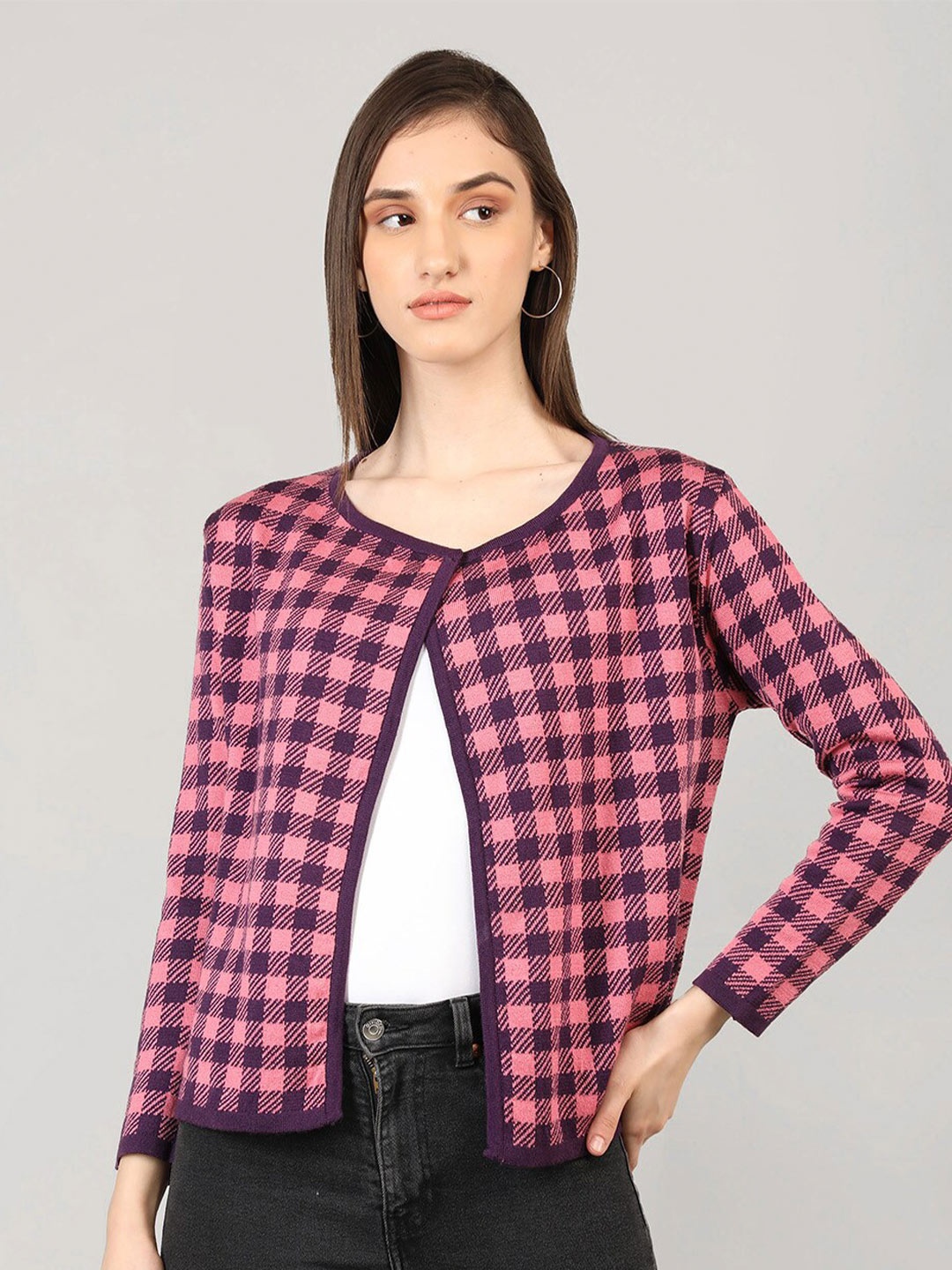 

CHKOKKO Women Printed Checked Shrug, Purple