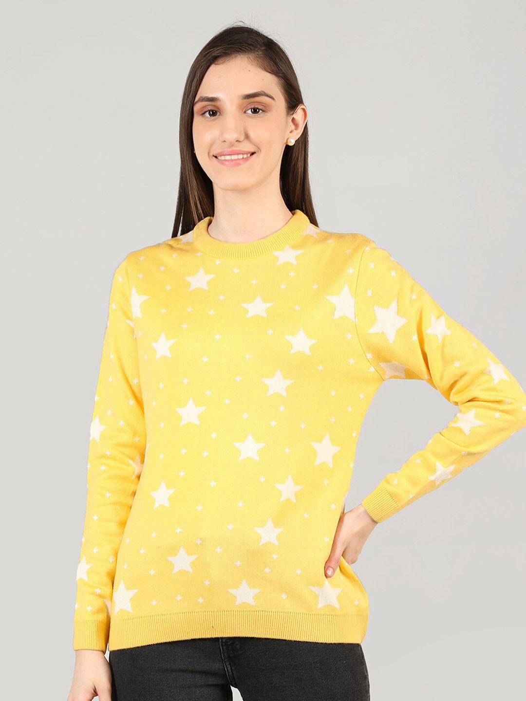 

CHKOKKO Women Yellow & White Printed Woollen Pullover