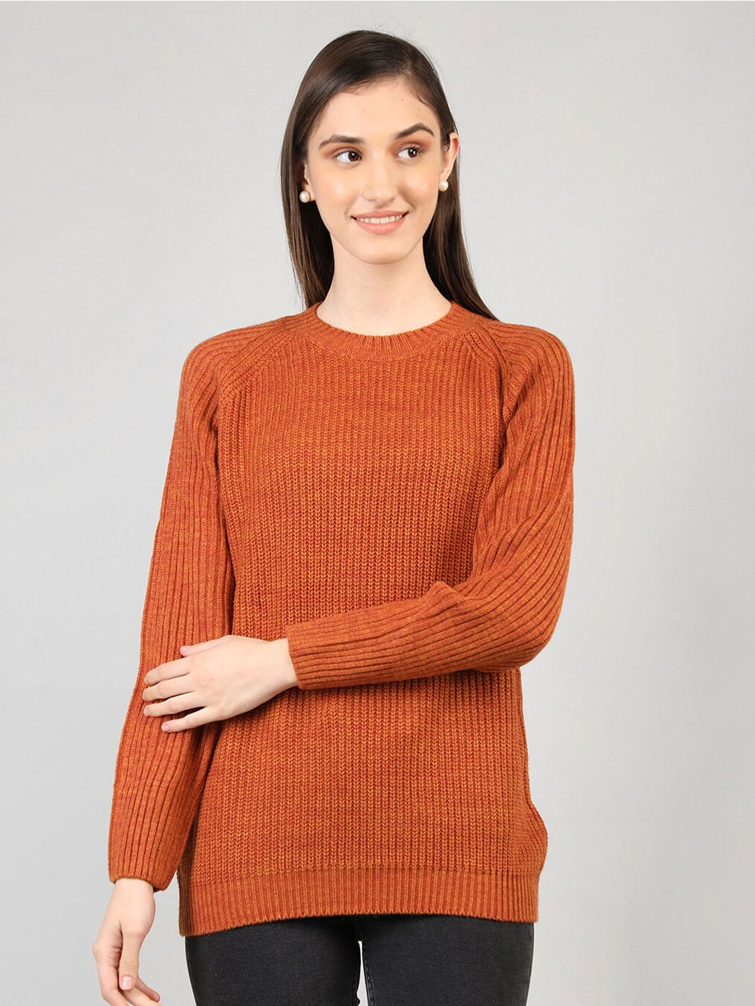 

CHKOKKO Women Rust Ribbed Woollen Pullover