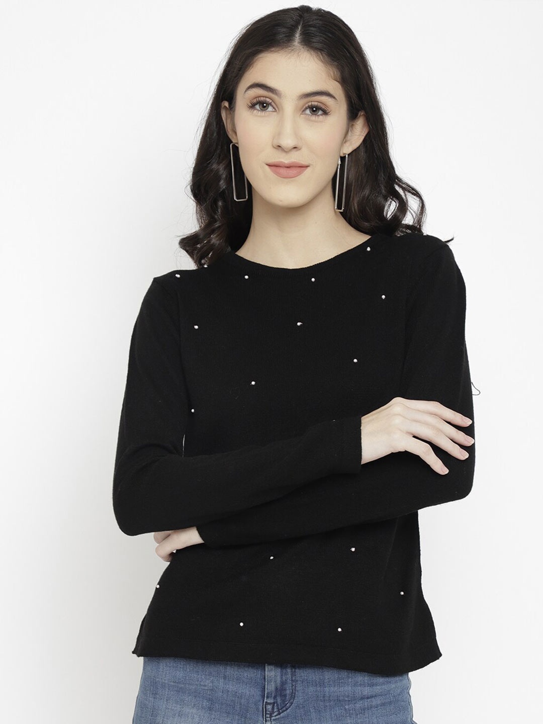 

CHKOKKO Women Black & White Embellished Woollen Pullover