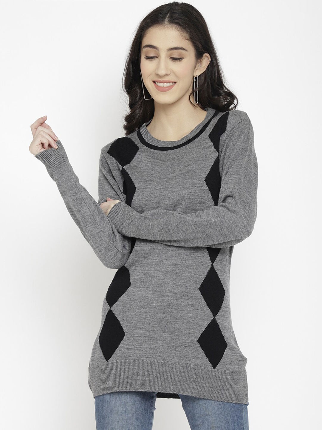 

CHKOKKO Women Grey & Black Printed Woollen Pullover