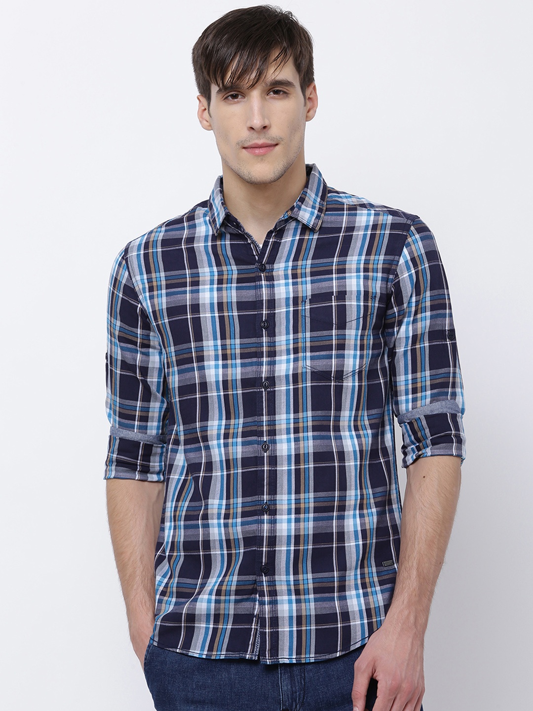 

LOCOMOTIVE Men Navy & White Slim Fit Checked Casual Shirt, Navy blue