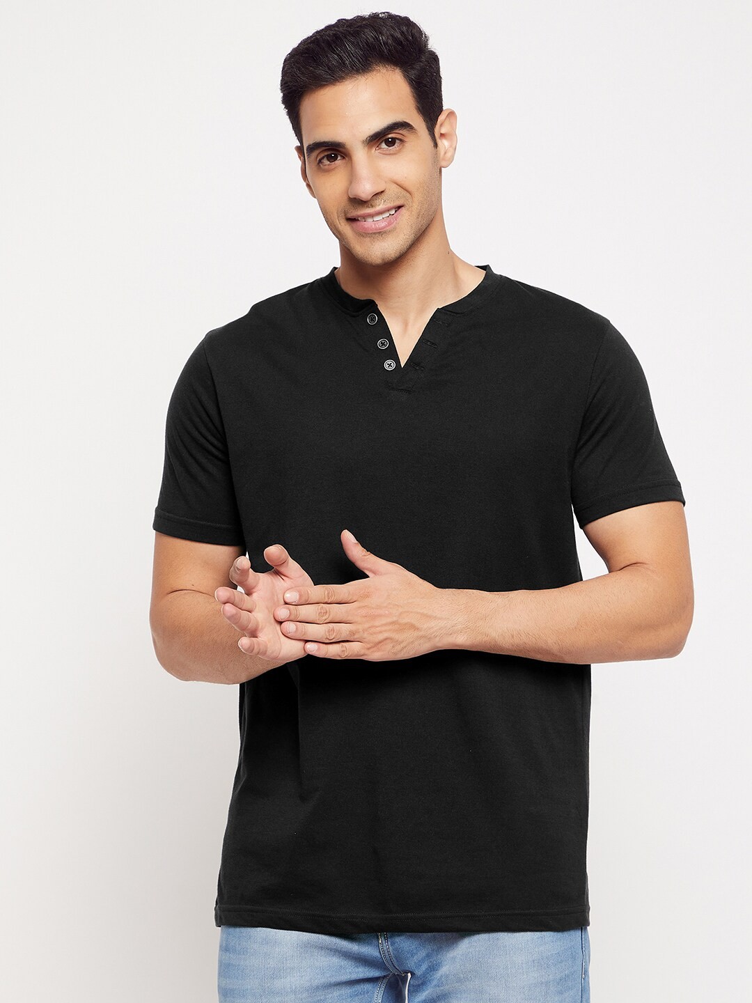 

HARBOR N BAY Men Black Henley Neck T-shirt