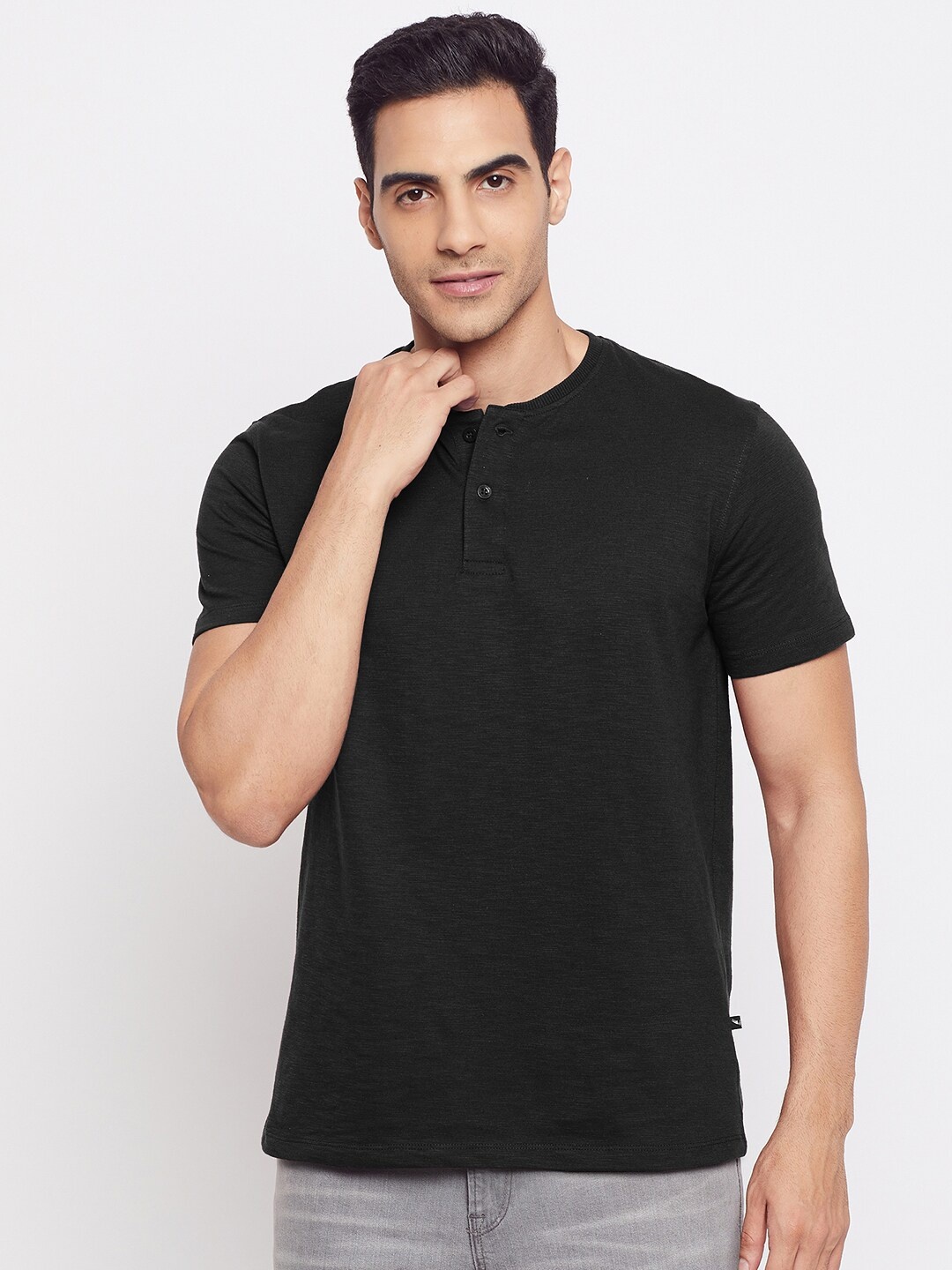 

HARBOR N BAY Men Black Henley Neck T-shirt