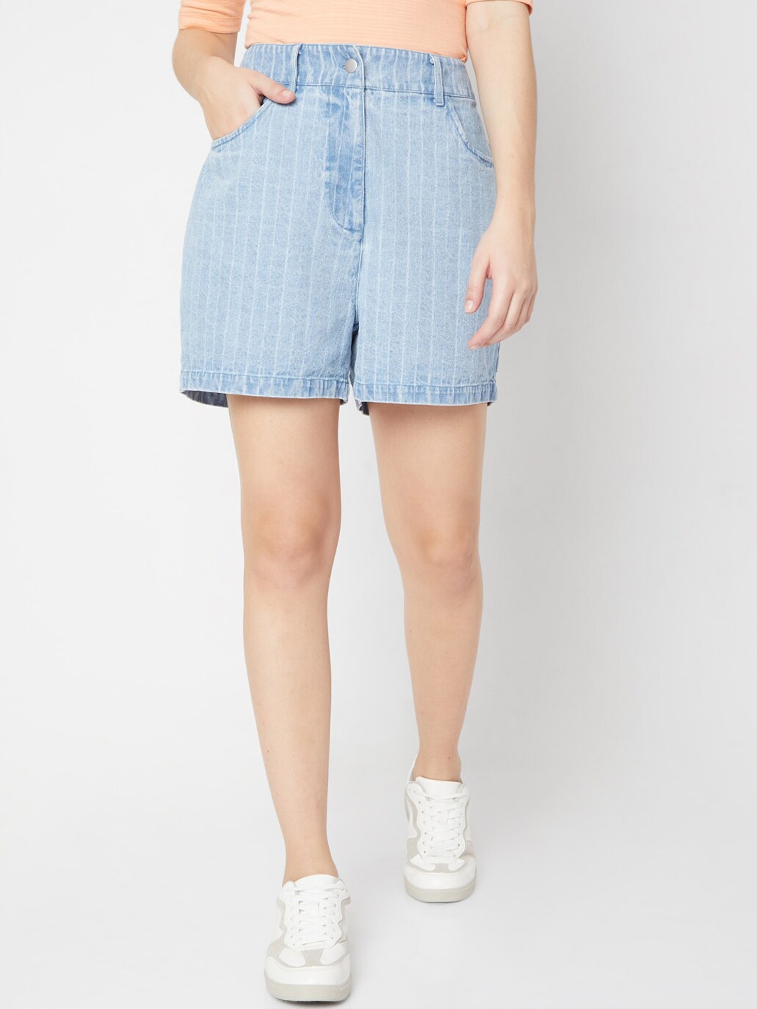 

Vero Moda Women Striped Cotton High-Rise Denim Shorts, Blue