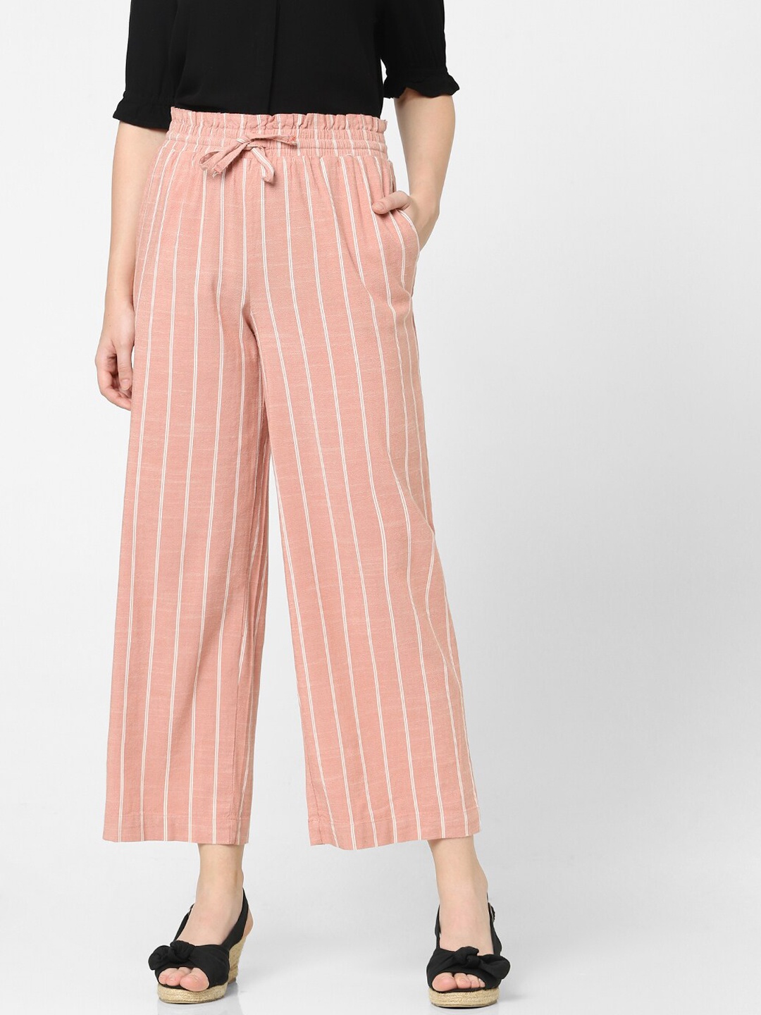 

Vero Moda Women Striped Straight Fit High-Rise Cotton Trousers, Pink